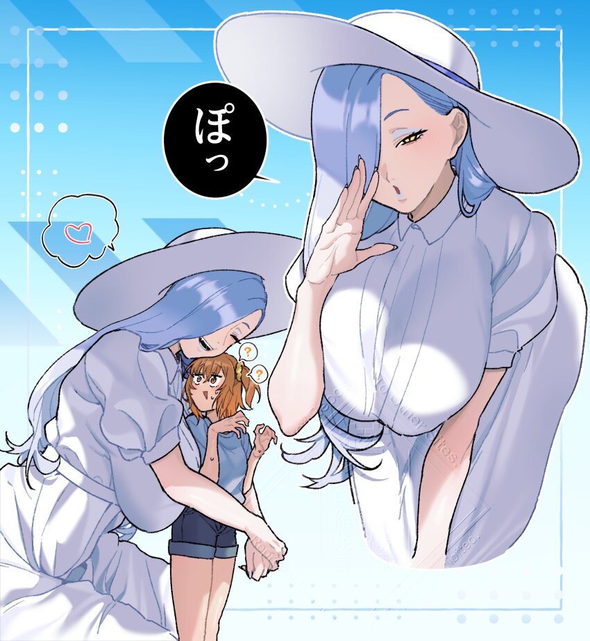 2girls ? absurdres ahoge blue_lips blue_shirt blue_shorts breasts closed_eyes dress eyeliner fate/grand_order fate_(series) fujimaru_ritsuka_(female) hair_over_one_eye hat height_difference highres hiyayaako hug large_breasts long_hair looking_at_viewer makeup medium_breasts mrs._snake_(fate) multiple_girls multiple_views one_side_up open_mouth orange_eyes orange_hair shirt short_hair short_sleeves shorts smile sun_hat translation_request white_dress white_hair white_hat yellow_eyes