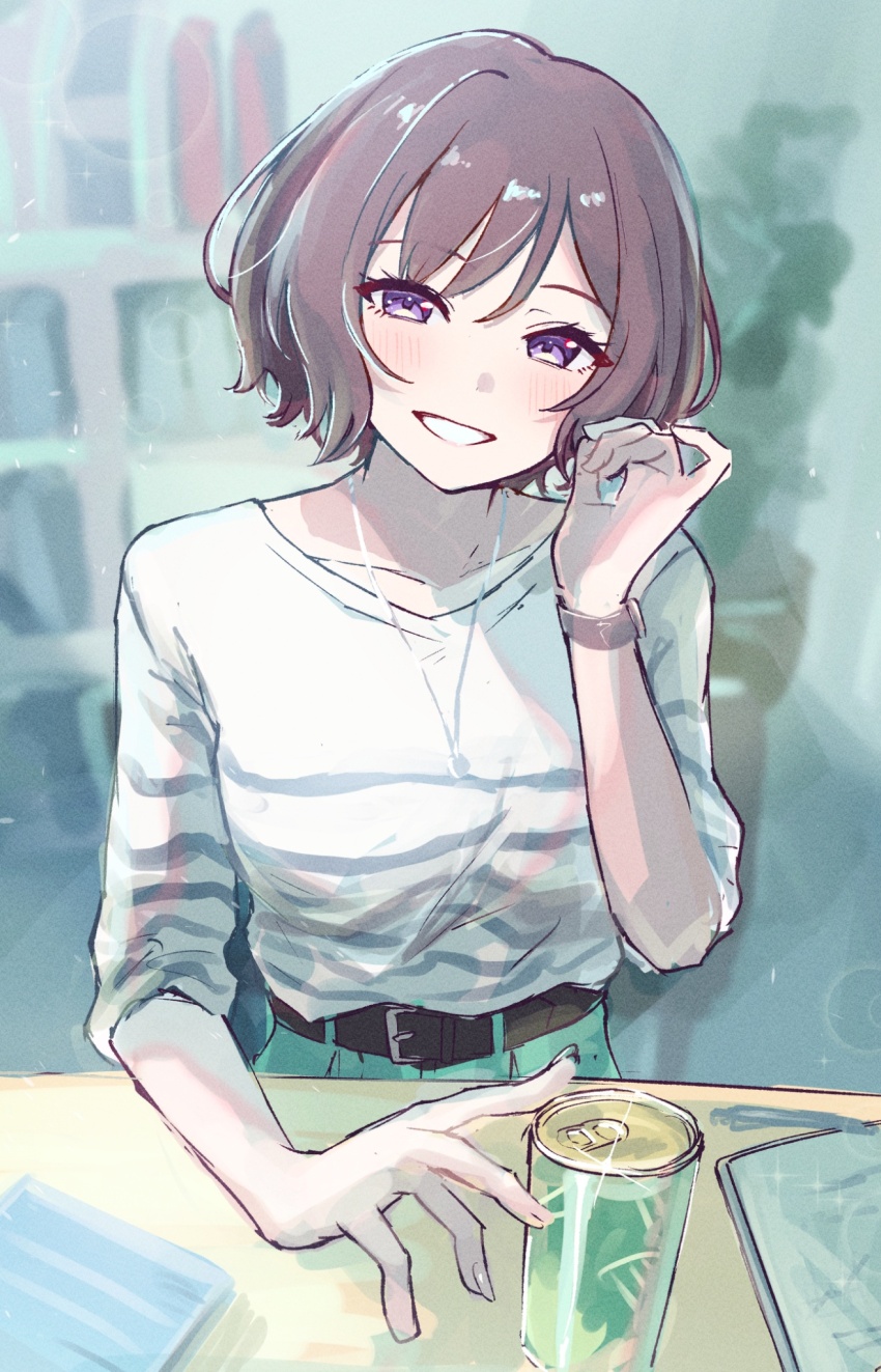 1girl belt blush brown_hair can gakuen_idolmaster highres idolmaster indoors jewelry necklace neo_asari purple_eyes sanshoku_dango_(shukosuko) shirt short_hair sitting smile solo striped_clothes striped_shirt watch white_shirt wristwatch