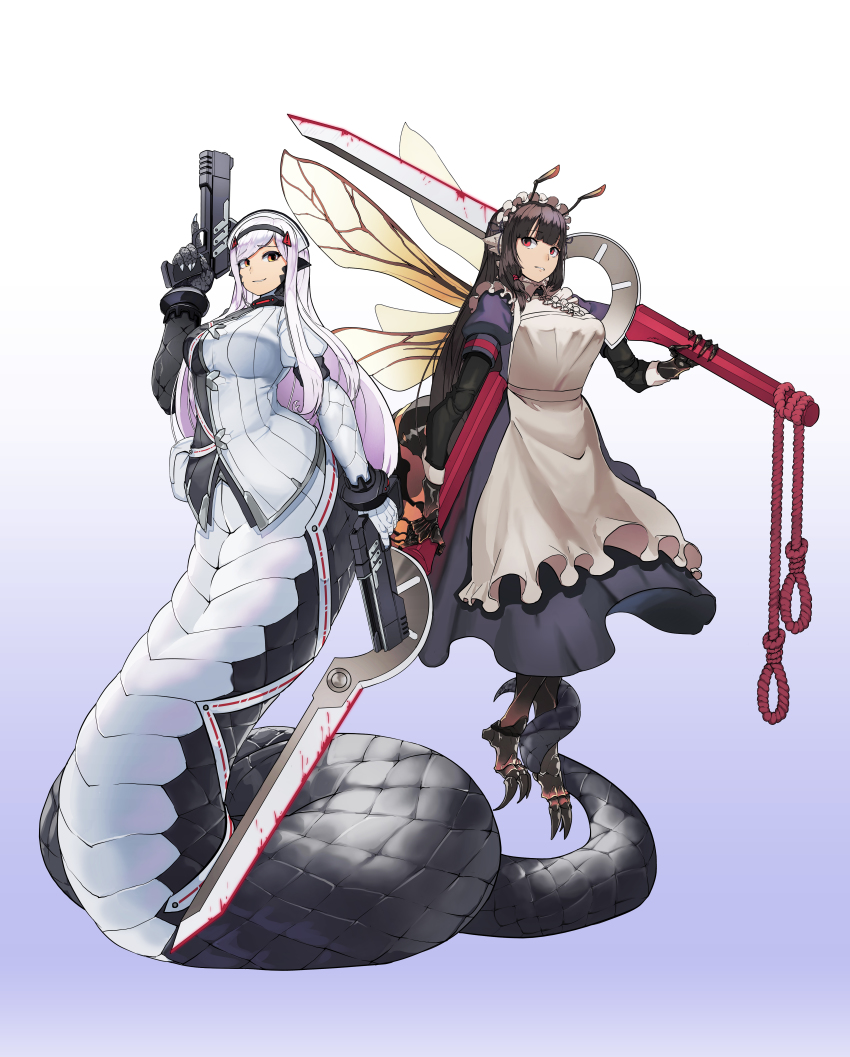 2girls absurdres arthropod_girl black_lilith_(last_origin) blood bloody_weapon breasts gradient_background gun hair_ornament handgun highres lamia last_origin long_hair maid maid_headdress medium_breasts monster_girl multiple_girls orange_eyes pistol red_eyes scissors_lise shirt short_sleeves simple_background source_request sword weapon wings