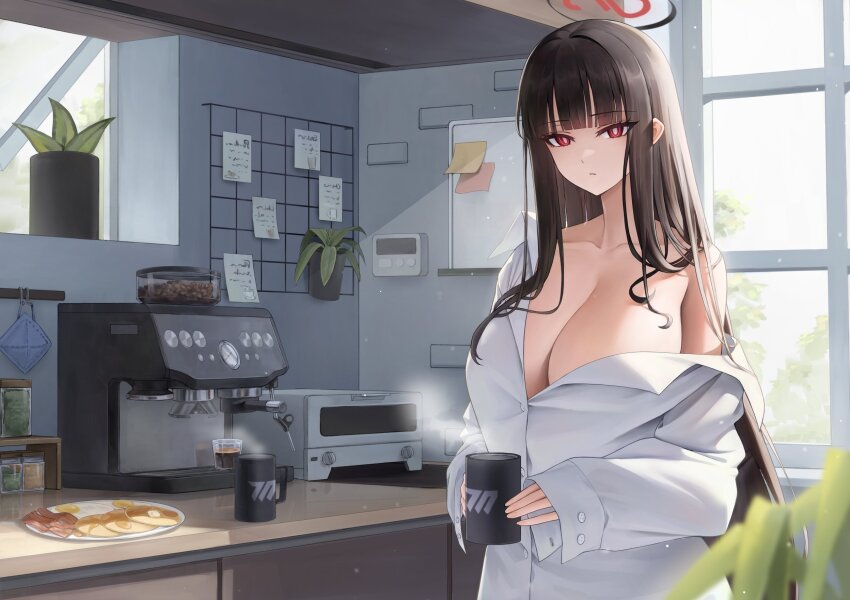 1girl alternate_costume bacon black_hair black_halo blue_archive blunt_bangs blurry blurry_foreground bottle breasts bright_pupils butter chirang cleavage closed_mouth coffee_beans collared_shirt counter cup digital_thermometer dress_shirt espresso_machine food fried_egg hair_over_shoulder halo hashtag-only_commentary highres holding holding_cup indoors kitchen large_breasts long_hair looking_at_viewer mug off_shoulder oversized_clothes oversized_shirt pancake plant plate potted_plant red_eyes rio_(blue_archive) shirt sidelocks single_bare_shoulder solo standing steam sticky_note thermometer thermostat toaster_oven very_long_hair white_pupils white_shirt whiteboard window