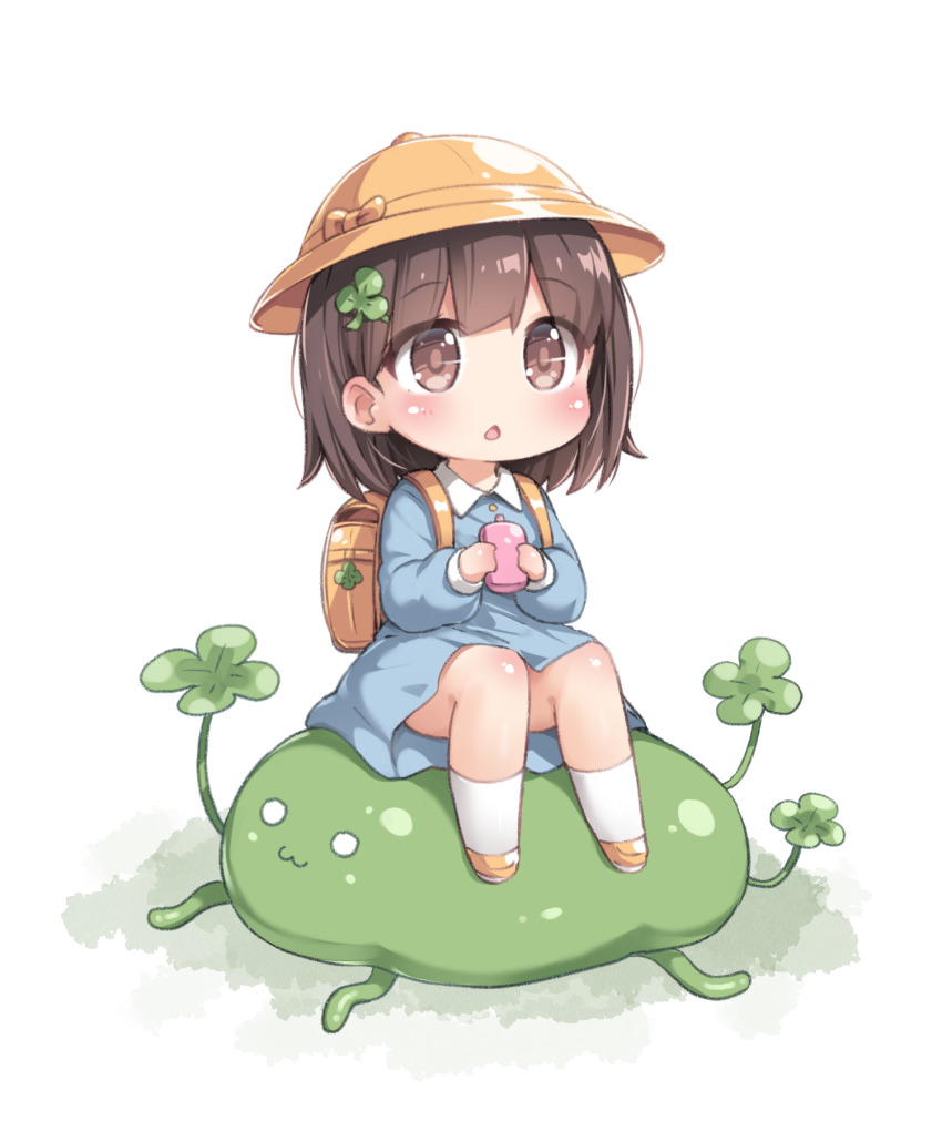 1girl backpack bag blue_dress bow brown_eyes brown_hair child clover clover_hair_ornament collared_dress commentary creature dress four-leaf_clover full_body hair_ornament hat hat_bow highres holding kindergarten_uniform long_sleeves medium_hair open_mouth original randoseru school_hat shoes sitting socks solo symbol-only_commentary tamase_tama white_background white_socks yellow_bag yellow_bow yellow_hat yellow_shoes