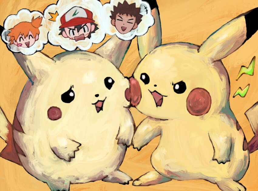 1girl 2boys ash_ketchum baseball_cap black_eyes black_hair brock_(pokemon) brown_hair closed_eyes creatures_(company) game_freak gen_1_pokemon hat highres holding_hands misty_(pokemon) multiple_boys nintendo open_mouth orange_hair panha pikachu pokemon pokemon_(anime) pokemon_(classic_anime) shirt short_hair smile spoken_character standing tongue