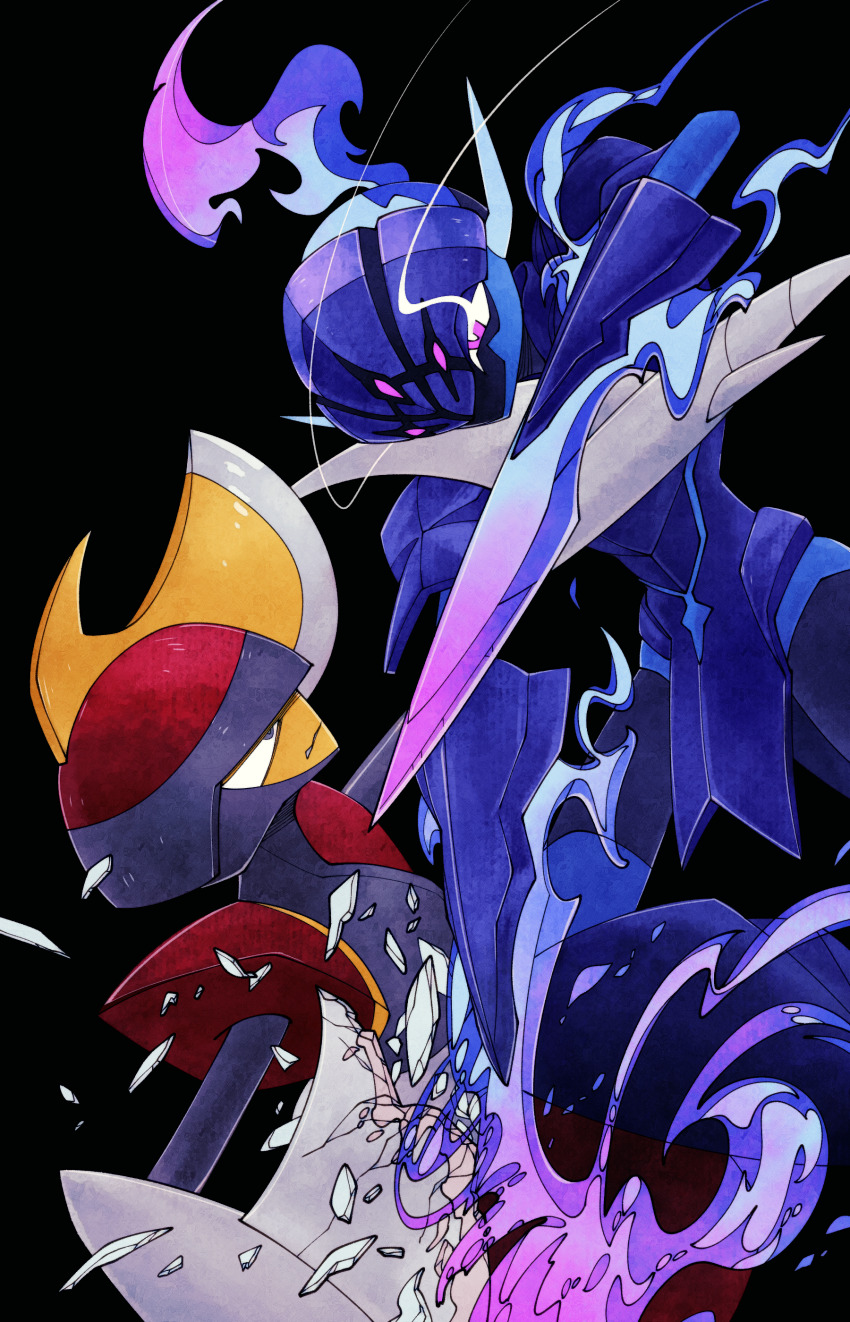 2others absurdres armor attack bisharp black_armor black_background black_helmet breaking breastplate ceruledge cracked_armor cracked_shell cracked_skin debris facing_another fire flying_kick gauntlets gen_5_pokemon helmet high_contrast highres hitodama huge_weapon injury kicking knee_up leg_armor looking_at_another looking_down looking_up multiple_others nintendo outstretched_arm pokemon pokemon_(creature) purple_armor purple_eyes purple_helmet shattered swinging_weapon sword umi-be-to weapon
