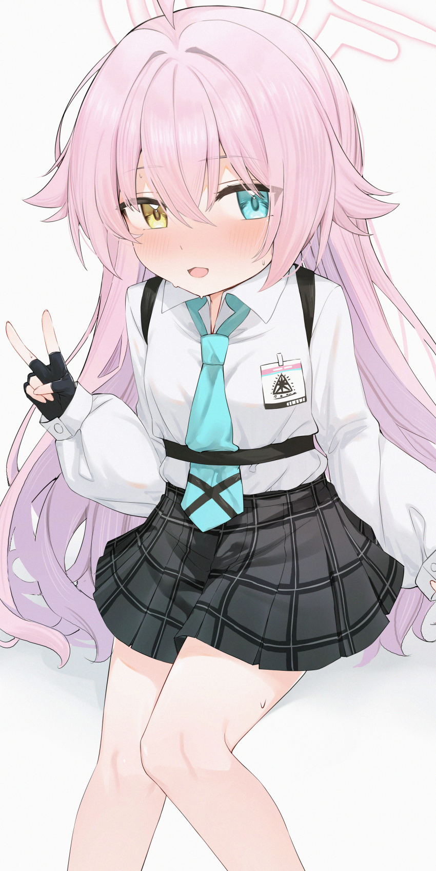 1girl absurdres black_gloves black_skirt blue_archive blue_eyes blue_necktie blush collared_shirt commentary feet_out_of_frame fingerless_gloves gloves hair_between_eyes halo hand_up heterochromia highres hoshino_(blue_archive) id_card long_hair long_sleeves looking_at_viewer necktie number-only_commentary open_mouth pink_hair pink_halo pleated_skirt shirt simple_background sitting skirt solo sweat v very_long_hair wendao white_background white_shirt yellow_eyes