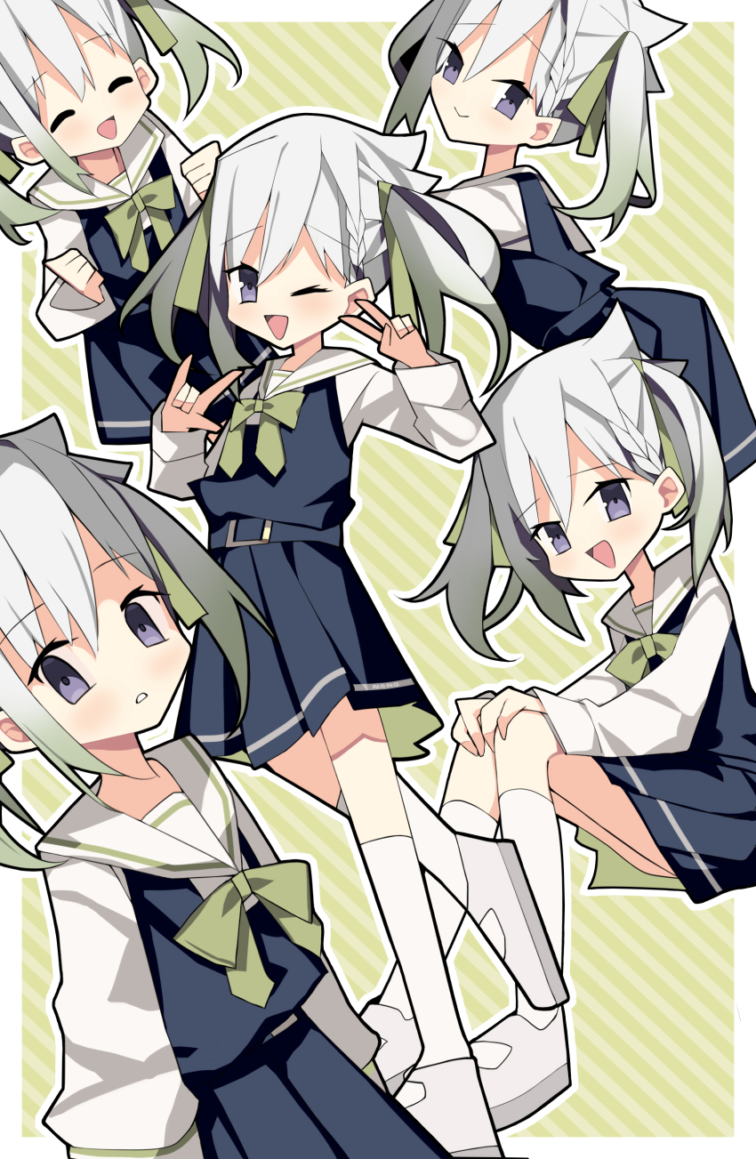 1girl absurdres blush bow bowtie closed_eyes commentary double_v green_bow grey_eyes grey_hair highres kneehighs long_hair multiple_views nanozenzen one_eye_closed open_mouth pleated_skirt school_uniform serafuku skirt smile socks twintails v virtual_youtuber yuni_(yuni_channel) yuni_channel
