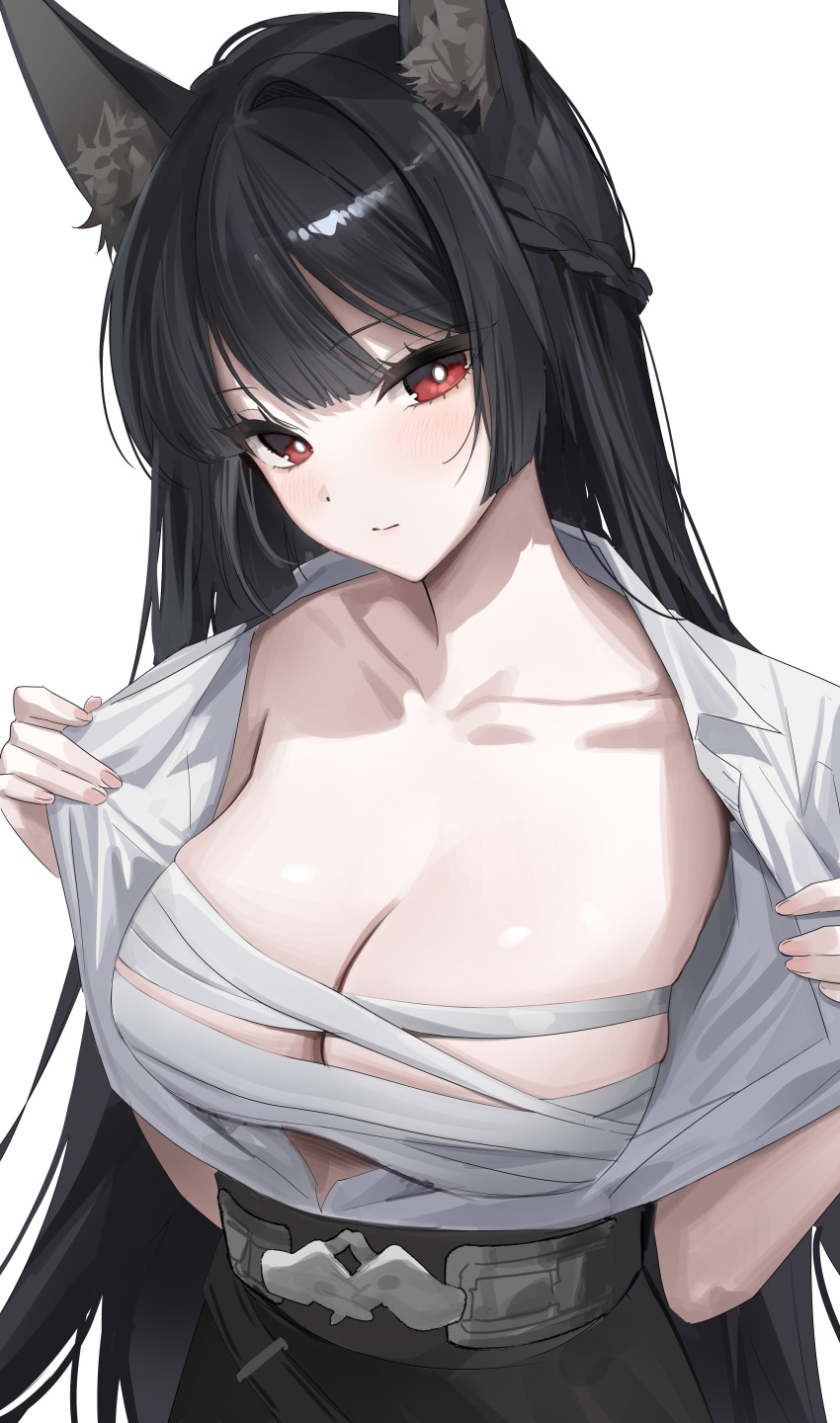1girl absurdres animal_ear_fluff animal_ears black_hair black_skirt blunt_bangs blush braid breasts bright_pupils chest_sarashi closed_mouth collarbone collared_shirt commentary fox_ears fox_girl half_up_braid high-waist_skirt highres hoshimi_miyabi large_breasts long_hair looking_at_viewer loose_bandages open_clothes open_shirt pibag red_eyes sarashi shirt shirt_tucked_in simple_background skirt solo undressing upper_body very_long_hair white_background white_pupils zenless_zone_zero