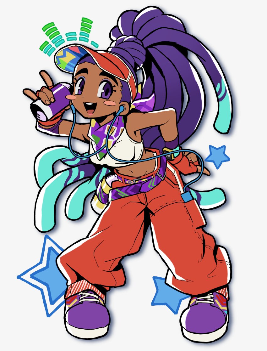 1girl absurdres baggy_pants colored_tips crop_top dark-skinned_female dark_skin dreadlocks earbuds earphones fingerless_gloves gloves highres kimberly_jackson long_hair midriff multicolored_hair neckerchief official_alternate_costume pants sach56000 smile solo spray_can street_fighter street_fighter_6 visor_cap