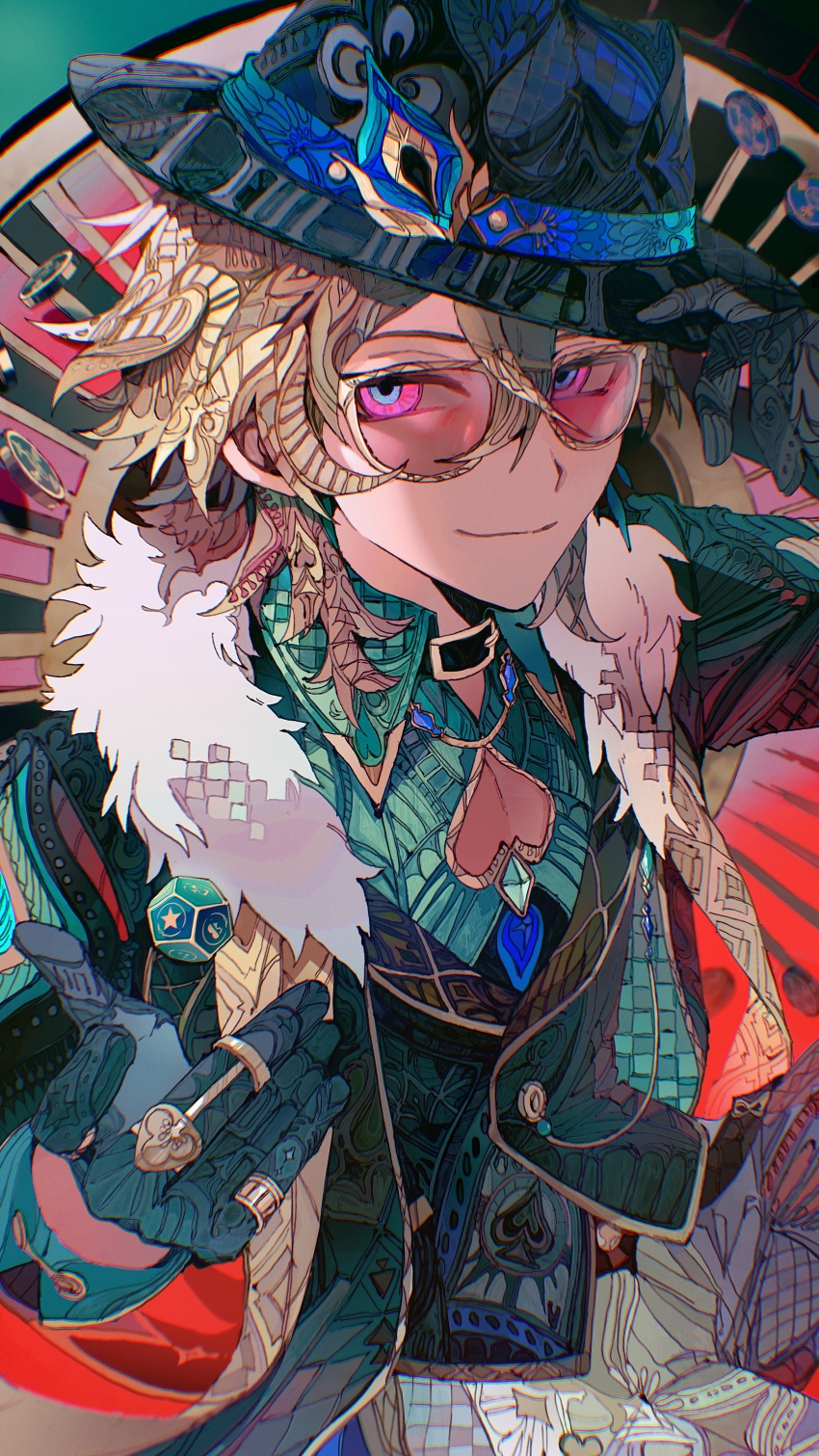 1boy absurdres aqua_shirt aventurine_(honkai:_star_rail) black_gloves black_hat black_jacket closed_mouth collared_shirt fur_trim glasses gloves hat highres honkai:_star_rail honkai_(series) jacket jewelry looking_at_viewer patterned patterned_clothing patterned_hair patterned_hair ring shirt short_hair solo yadu_nadu