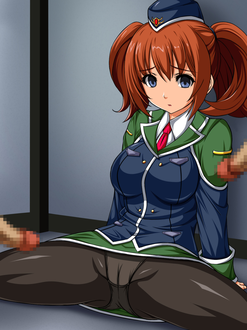 1girl 2boys abunai_zeiniku black_pantyhose blazer blue_eyes brown_hair censored eiyuu_densetsu falcom fran_seeker green_skirt hat hetero highres jacket miniskirt mosaic_censoring multiple_boys necktie panties panties_under_pantyhose pantyhose penis red_necktie short_hair sitting skirt solo_focus spread_legs twintails underwear uniform wide_spread_legs zero_no_kiseki