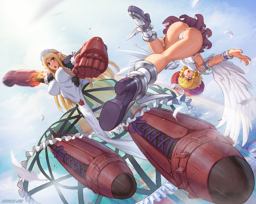 10s 2girls angel artificial_wings ass bare_legs battle blonde_hair boots breasts butt_crack feathers female_focus fight flying foreshortening gauntlets hat jumping laila_(queen&#039;s_blade) large_breasts legs long_hair looking_at_viewer maid maid_headdress mechanical_wings midair miniskirt motion_lines multiple_girls pointy_ears punching queen&#039;s_blade queen&#039;s_blade_rebellion shiny_skin skirt speed_lines speh sweat thong upside-down vante wings