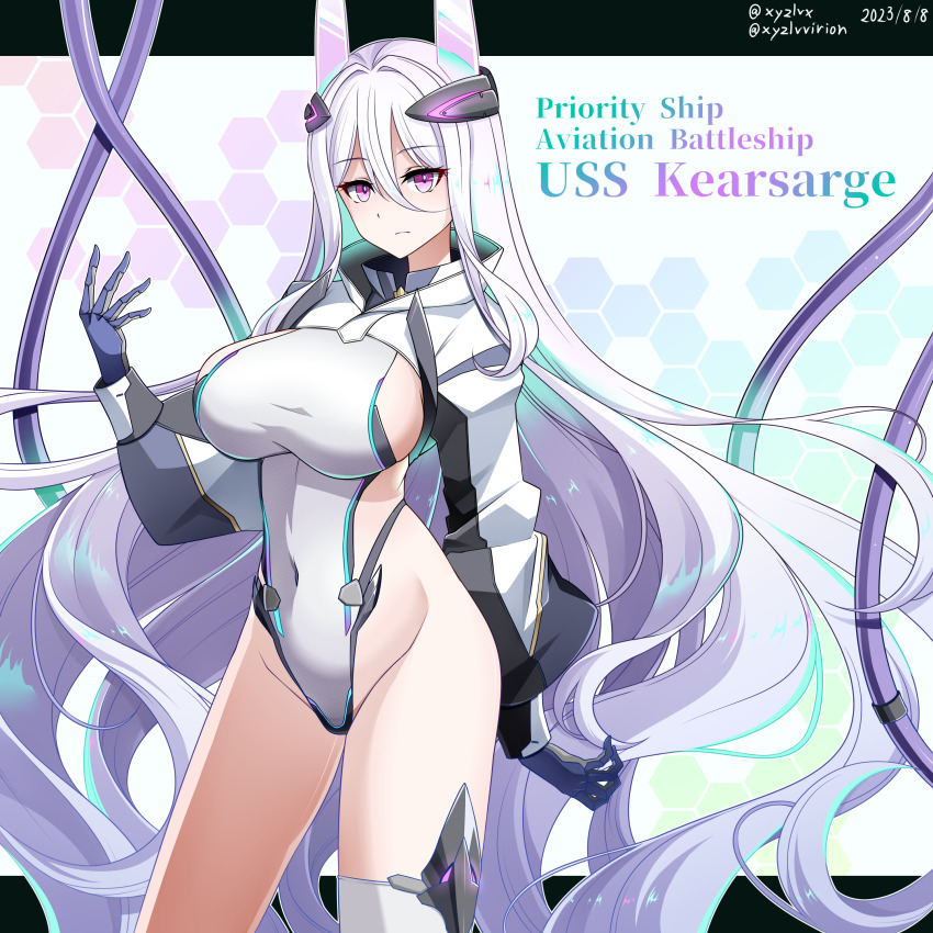 1girl absurdly_long_hair absurdres azur_lane blue_gloves breasts character_name commentary_request covered_navel cowboy_shot dated english_text gloves hair_between_eyes headgear hebitsukai-san highleg highleg_leotard highres kearsarge_(azur_lane) large_breasts leotard long_hair long_hair_between_eyes multicolored_hair pink_eyes sideboob solo very_long_hair white_hair white_leotard