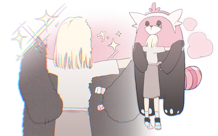 1girl bang_dream! bang_dream!_it&#039;s_mygo!!!!! bewear blonde_hair brown_skirt commentary donut food gen_7_pokemon highres hug medium_hair misumi_uika nintendo pokemon pokemon_(creature) reiboubyou shirt short_sleeves skirt socks sparkle white_shirt white_socks zoom_layer
