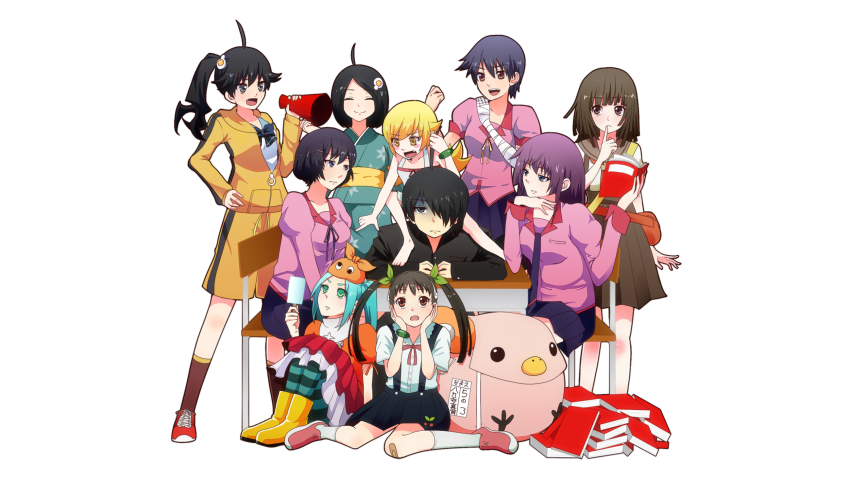1boy 6+girls ahoge aqua_hair aqua_kimono aqua_leggings araragi_karen araragi_koyomi araragi_tsukihi backpack bad_id bad_pixiv_id bag bakemonogatari bandaged_arm bandaged_hand bandages barefoot black_eyes black_hair black_jacket black_trim blonde_hair blue_bow blue_bowtie blue_sailor_collar blue_skirt bob_cut book boots bow bowtie bracelet breasts brother_and_sister brown_eyes brown_hair brown_sailor_collar brown_socks carrying chair choppy_bangs closed_eyes closed_mouth collared_shirt commentary dark_skin desk dress dress_shirt egg_hair_ornament everyone fang fanny_pack finger_to_mouth flipped_hair food food-themed_hair_ornament fried_egg full_body gakuran gloom_(expression) green_eyes green_ribbon grey_leggings hachikuji_mayoi hair_flaps hair_ornament hair_ribbon hanekawa_tsubasa highres holding holding_food holding_megaphone holding_popsicle hood hood_down hoodie jacket japanese_clothes jewelry juliet_sleeves kanbaru_suruga kimono kneehighs knees_up leaning_forward leggings legs_apart light_frown light_smile long_hair long_sleeves looking_at_another looking_at_viewer medium_breasts medium_hair megaphone monogatari_(series) multicolored_dress multiple_girls nanahyakuichi_middle_school_uniform naoetsu_high_school_uniform narrowed_eyes neck_ribbon neckerchief necktie nss03 obi on_chair on_desk on_floor ononoki_yotsugi open_mouth orange_dress oshino_shinobu parted_bangs partially_unzipped piggyback pile_of_books pink_bag pink_shirt pink_shoes pink_trim pointing popsicle print_kimono puffy_short_sleeves puffy_sleeves purple_eyes purple_hair purple_necktie purple_ribbon purple_skirt red_dress red_neckerchief red_shoes red_trim ribbon rubber_boots sailor_collar sanding sash school_chair school_desk school_uniform sengoku_nadeko senjougahara_hitagi serafuku shaded_face shirt shoes short_hair short_sleeves shorts shouting siblings side_ponytail simple_background single_vertical_stripe sisters sitting skirt small_breasts smile sneakers socks striped_leggings sundress suspender_skirt suspenders toes tomboy tsuganoki_second_junior_high_school_uniform twintails unamused unworn_bag very_long_hair very_short_hair wariza white_background white_dress white_shirt yellow_boots yellow_eyes yellow_hoodie yellow_ribbon yellow_sash yellow_shorts