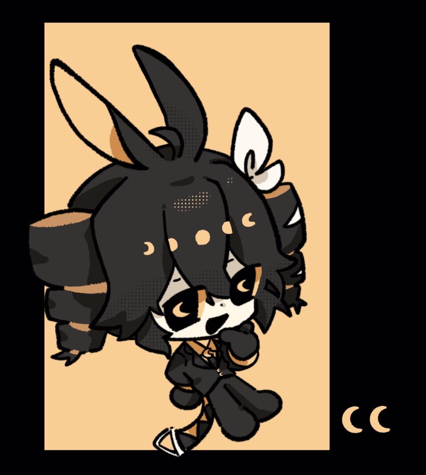 1girl ahoge alternate_color alternate_costume animal_ears black_eyes black_gloves black_hair black_jacket black_pants bow chibi chibi_only crescent formal_clothes gloves hair_between_eyes hair_bow hair_ribbon highres jacket kasane_teto kasane_teto_(sv) moochaakaka musekinin_shuugoutai_(synthesizer_v) open_mouth pants rabbit_ears ribbon shirt solo suit suit_jacket symbol-shaped_pupils synthesizer_v utau white_bow white_ribbon yellow_shirt