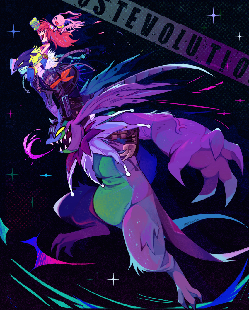 absurdres beelzebumon belt cherubimon cherubimon_(vice) digimon digimon_(creature) digimon_story:_lost_evolution gloves goggles goggles_on_head highres kizuna_(digimon) long_hair marinangemon skirt
