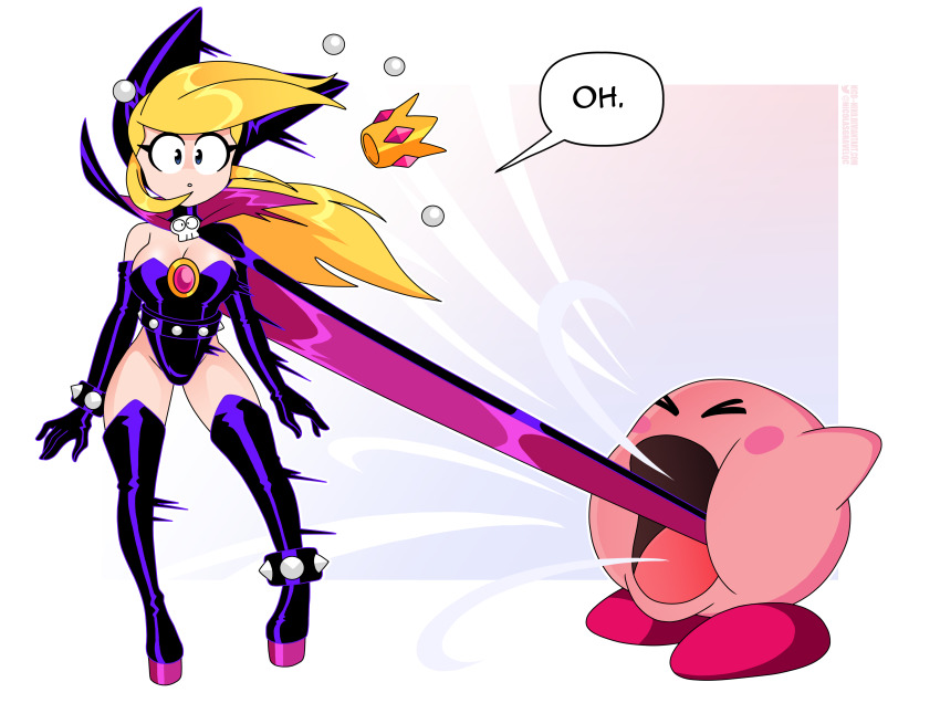 &gt;_&lt; 1boy 1girl absurdres animal_ears artist_name black_cape black_gloves black_hood black_leotard blonde_hair blue_eyes blush_stickers boots bracelet breasts cape cleavage collared_cape colored_skin constricted_pupils copy_ability crown deviantart_username elbow_gloves english_text fake_animal_ears fake_horns gloves height_difference high_collar highleg highleg_leotard highres hood hood_up hooded_cape horned_hood horns imminent_vore inhaling jewelry kirby kirby_(series) large_breasts latex latex_boots latex_leotard leather leather_boots leather_leotard leotard long_hair mario_(series) mario_power_tennis mario_tennis mini_crown nico-neko nintendo pink_brooch pink_cape pink_gemstone pink_skin platform_boots platform_footwear platform_heels purple_cape purple_gloves purple_hood purple_leotard skull_brooch speech_bubble spiked_belt spiked_bracelet spikes strapless strapless_leotard surprised thigh_boots twitter_logo twitter_username two-tone_cape warupeach watermark web_address