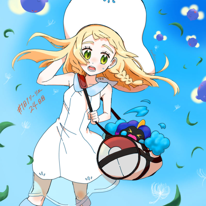 1girl absurdres bag blonde_hair commentary_request cosmog day dress duffel_bag eyelashes falling_leaves floating_hair gen_2_pokemon gen_7_pokemon green_eyes hand_up hat highres hiyokko2min holding_strap jumpluff leaf legendary_pokemon lillie_(pokemon) long_hair nintendo open_mouth outdoors poke_ball_print pokemon pokemon_(creature) pokemon_sm sky sleeveless sleeveless_dress sun_hat teeth translation_request white_dress white_hat wind