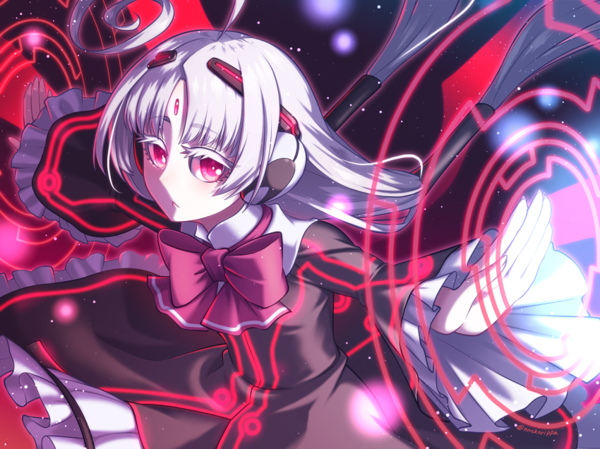 1girl ahoge albino blush bow dress forehead_jewel frilled_dress frills hair_tubes hairband huge_ahoge long_hair neon_trim nntkorippa pantyhose red_eyes robot_ears solo twintails under_night_in-birth vatista_(under_night_in-birth) very_long_hair white_hair wings