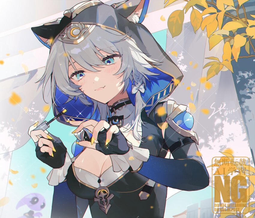 1girl animal_ears animal_hood applying_manicure black_gloves blue_eyes breasts cat_ears cat_girl cat_hood cipher_(honkai:_star_rail) cleavage commentary_request elbow_gloves falling_leaves fingerless_gloves gloves grey_hair highres holding holding_brush honkai:_star_rail honkai_(series) hood large_breasts leaf nail_polish_brush short_hair_with_long_locks solo syerii upper_body yellow_nails