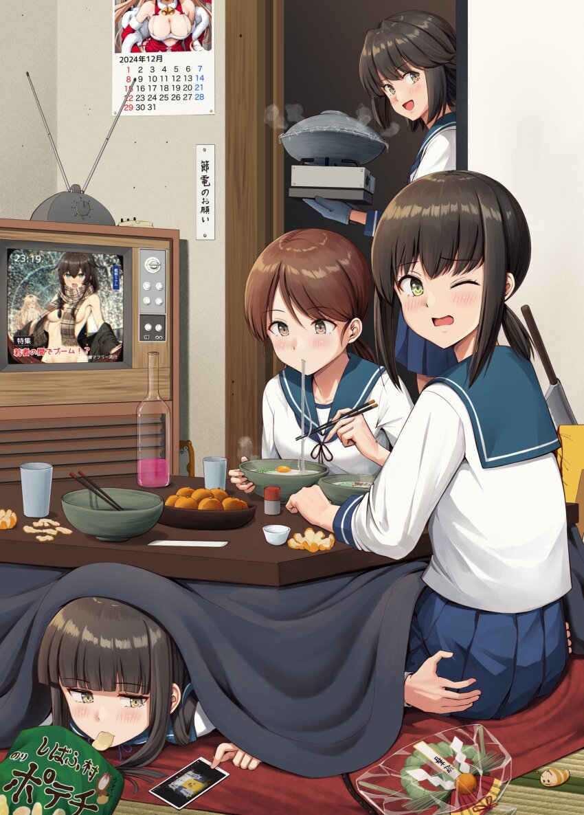 1boy 4girls black_hair blue_gloves blue_neckerchief blue_sailor_collar blue_skirt blush bottle bowl brown_eyes brown_hair calendar cellphone chips_(food) chopsticks cooking_pot cup eating food fruit fubuki_(kancolle) gloves green_eyes hatsuyuki_(kancolle) highres hime_cut ichikawa_feesu jacket johnston_(christmas)_(kancolle) johnston_(kancolle) kantai_collection knife kotatsu long_hair long_sleeves low_ponytail low_twintails medium_hair miyuki_(kancolle) multiple_girls neckerchief noodles one_eye_closed open_mouth orange_(fruit) phone pleated_skirt ponytail potato_chips sailor_collar school_uniform serafuku shirayuki_(kancolle) shirt short_hair sidelocks skirt smartphone smile soba suit_jacket t-head_admiral table television twintails white_jacket white_shirt