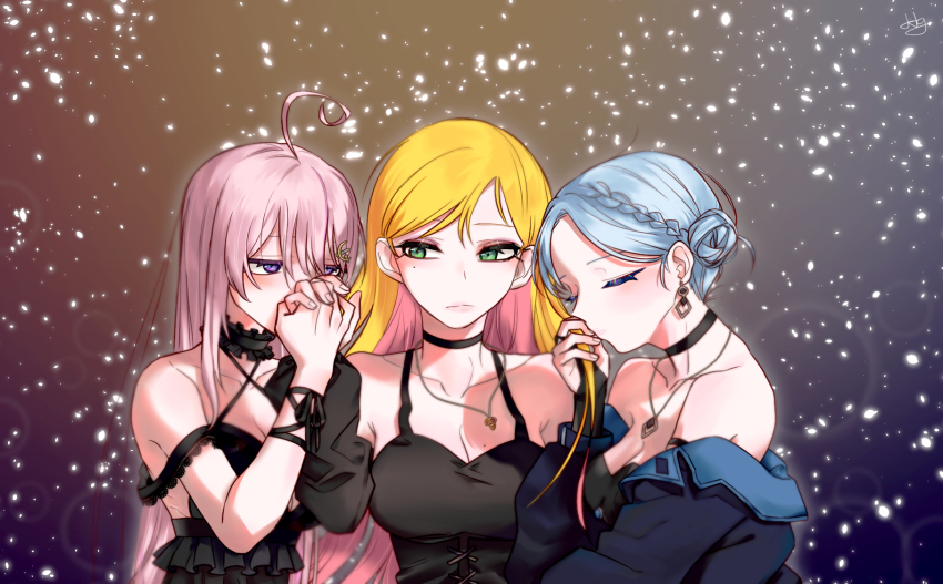 3girls ahoge ban_hada black_choker black_dress blonde_hair blue_jacket breasts choker cleavage closed_eyes collarbone colored_inner_hair criss-cross_halter daije double_bun dress earrings frilled_choker frills green_eyes hair_behind_ear hair_bun halterneck highres holding holding_hands holding_own_hair jacket jewelry korean_commentary mole mole_on_breast multicolored_hair multiple_girls na_sera nijisanji nijisanji_kr pink_hair purple_eyes seffyna smelling virtual_youtuber yuri