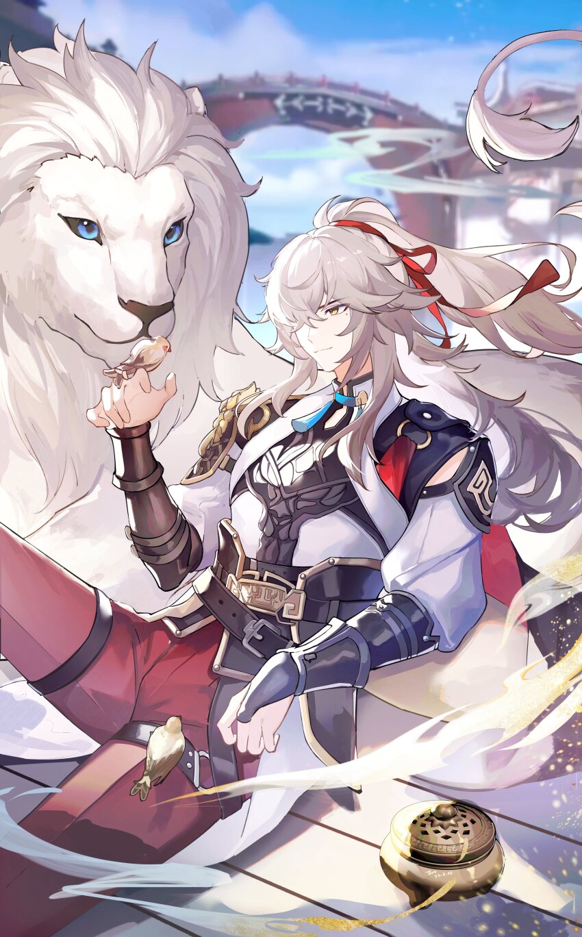 1boy absurdres bird bird_on_hand bird_on_lap blue_sky bridge chinese_clothes crackingtaro grey_hair hair_over_one_eye half_updo high_ponytail highres honkai:_star_rail honkai_(series) jing_yuan lion male_focus mole mole_under_eye one_eye_covered pants ponytail red_pants shirt sky solo white_shirt yellow_eyes