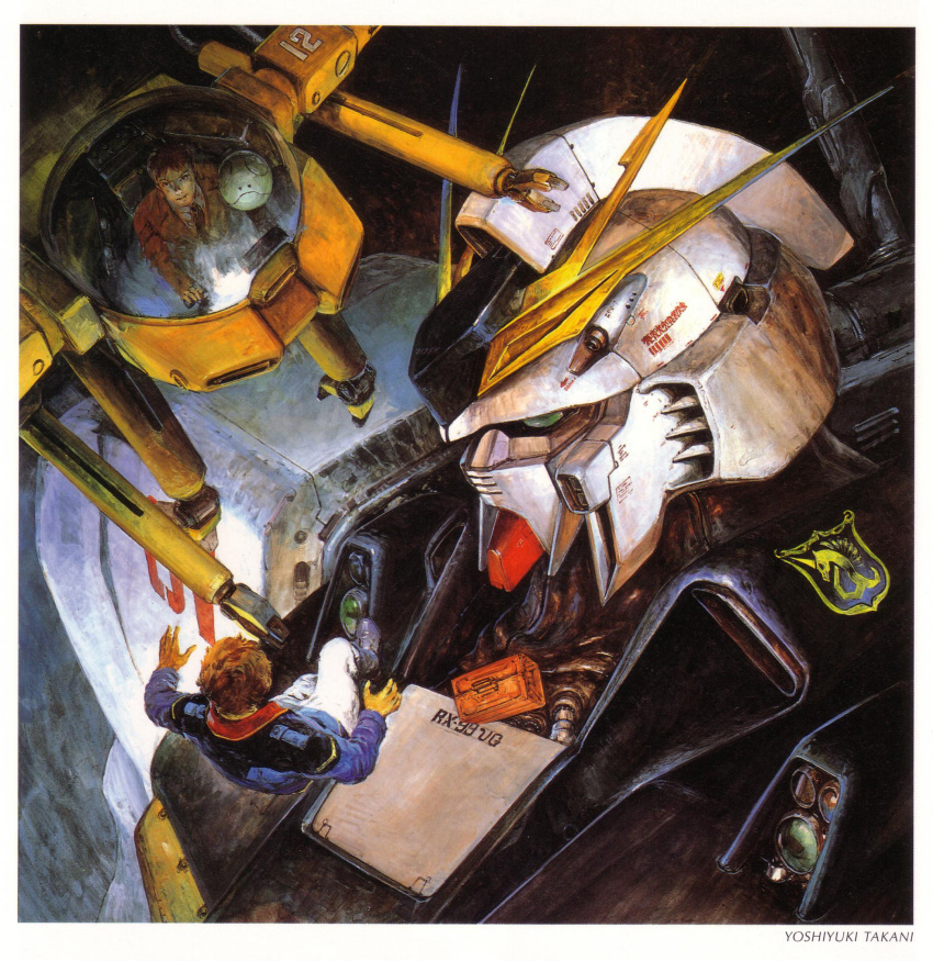 1980s_(style) 2boys amuro_ray artist_collaboration bag black_eyes blue_jacket brown_hair char&#039;s_counterattack commentary_request copyright_name derivative_work floating gundam haro hathaway_noa highres izubuchi_yutaka jacket male_focus mecha military military_uniform mixed-language_text mobile_suit multiple_boys non-humanoid_robot nu_gundam official_art oldschool open_hands painting_(medium) pet ra_cailum realistic retro_artstyle robot scan scene_reference science_fiction spacecraft_interior takani_yoshiyuki traditional_media v-fin zero_gravity