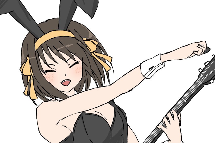 1girl animal_ears bare_shoulders black_leotard blush breasts closed_eyes electric_guitar fake_animal_ears guitar hair_ribbon hairband highres holding holding_guitar holding_instrument holding_plectrum instrument leotard medium_breasts music open_mouth outstretched_arm playboy_bunny playing_guitar playing_instrument plectrum rabbit_ears ribbon short_hair simple_background smile solo strapless strapless_leotard suzumiya_haruhi suzumiya_haruhi_no_yuuutsu teeth upper_body upper_teeth_only v-shaped_eyebrows waka_849 white_background white_wrist_cuffs wrist_cuffs yellow_hairband yellow_ribbon