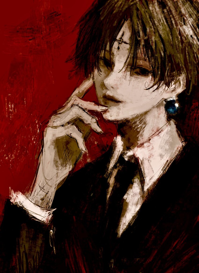 1boy ball_earrings black_necktie black_suit blonde_hair chrollo_lucilfer cross_tattoo earrings facial_mark forehead_mark forehead_tattoo formal_clothes fuyumurasaki highres hunter_x_hunter jewelry lips male_focus necktie painterly red_background short_hair solo suit tattoo upper_body very_short_hair