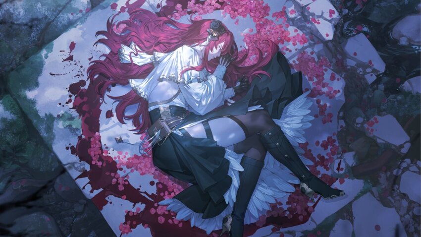 1boy androgynous belt belt_pouch black_boots black_flower black_gloves black_rose black_skirt black_thighhighs blood blood_splatter boots brown_belt clothing_cutout crossdressing crossdressing_(mtf) earrings fetal_position flower from_above full_body gloves hair_between_eyes hair_flower hair_ornament high-waist_skirt high_heel_boots high_heels hyasha_(noctilucent) jewelry knee_boots knees_together_feet_apart layered_sleeves legwear_garter long_hair long_sleeves looking_ahead lying male_focus mandarin_collar moss night noctilucent:_before_dawn on_ground on_side parted_lips petals pink_petals pouch profile puffy_long_sleeves puffy_sleeves purple_eyes red_hair rock rose ryleeart00 shirt short_over_long_sleeves short_sleeves side_cutout side_slit skirt solo string thighhighs water white_shirt