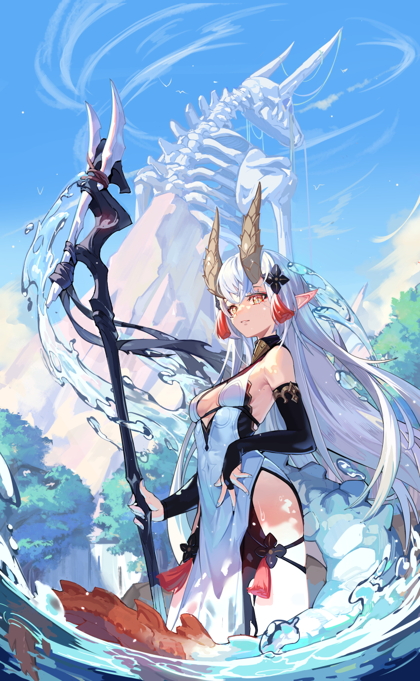 1girl absurdres bare_shoulders black_bridal_gauntlets blue_nails blue_sky blue_tail breasts bridal_gauntlets brown_horns chinese_commentary cleavage_cutout clothing_cutout commentary covered_navel dragon_girl dragon_horns dragon_tail dress feet_out_of_frame fingernails giant_skeleton grey_hair grin hair_ornament halter_dress halterneck highres holding holding_staff horns hydrokinesis lanzen_wu light_blush long_hair looking_at_viewer medium_breasts mole mole_on_armpit mole_under_eye mountainous_horizon orange_tail original outdoors pelvic_curtain pointy_ears simple_bird sky slit_pupils smile solo staff tail tassel tassel_hair_ornament two-tone_tail wading water wet white_dress