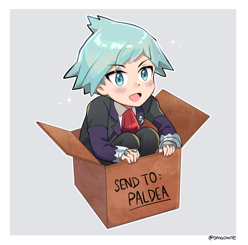 1boy :d black_jacket blush border box cardboard_box collared_shirt commentary_request english_text goro_orb green_eyes green_hair grey_background highres in_box in_container jacket jewelry long_sleeves male_focus necktie nintendo open_mouth pokemon pokemon_oras red_necktie ring shirt short_hair smile solo sparkle squatting steven_stone twitter_username watermark white_border white_shirt