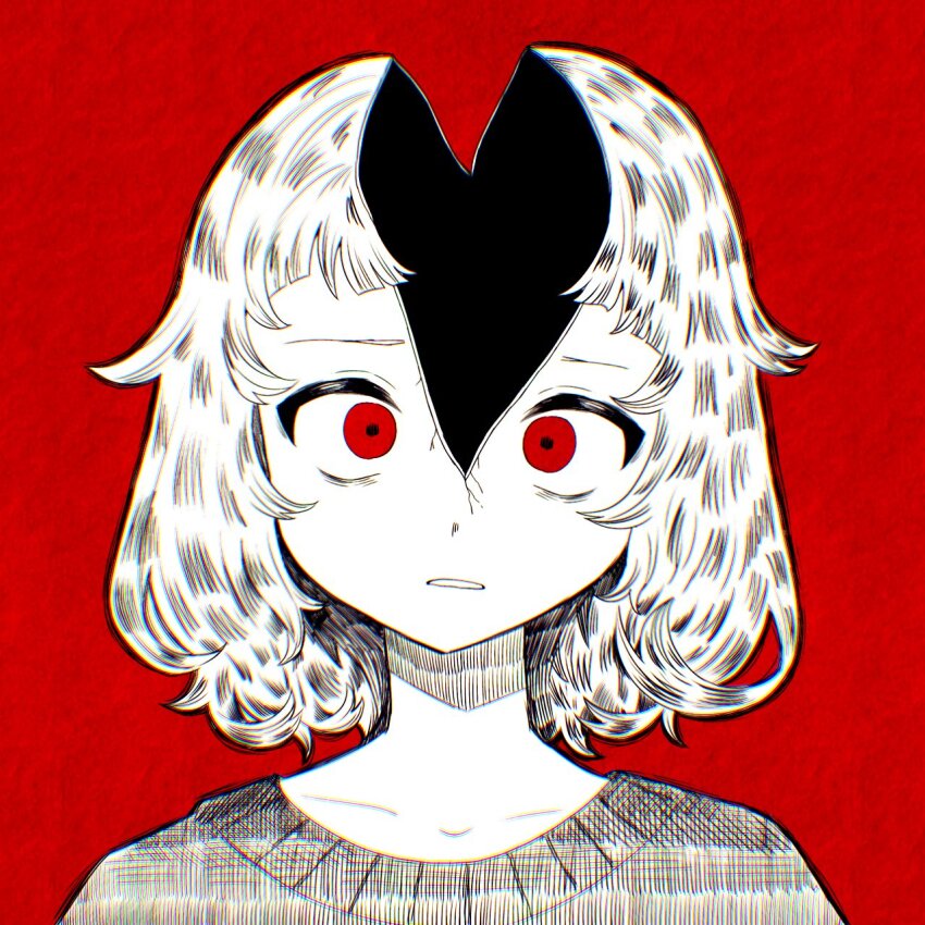 1girl azu_(acha2223) commentary constricted_pupils cracked_skin empty_eyes head_tilt highres milk-chan_(milk_series) milk_inside_a_bag_of_milk_inside_a_bag_of_milk monochrome parted_lips portrait red_background red_eyes red_theme short_hair solo split_head