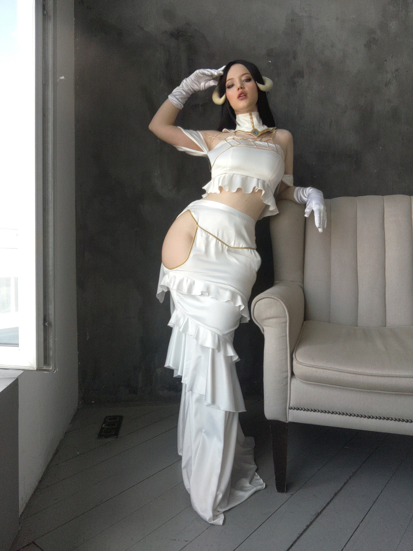absurdres albedo_(overlord) breasts cosplay demon_girl dress highres horn lada_lyumos large_breasts nipples nude overlord_(maruyama) real_life solo