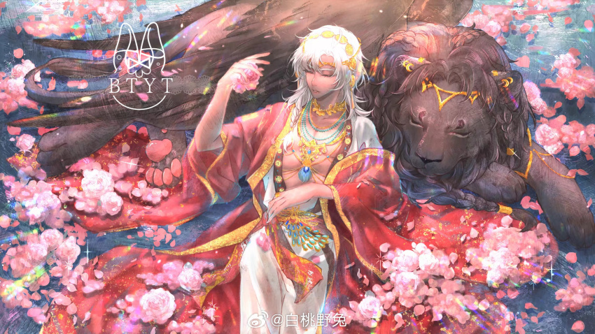 1boy artist_name bead_necklace beads circlet closed_eyes coat cowboy_shot curtained_hair dark-skinned_male dark_skin feather_necklace flower gold_collar gold_necklace hair_between_eyes hand_up head_chain highres holding holding_flower jewelry lars_rorschach leaning_on_animal lion long_hair long_sleeves lovebrush_chronicles lying male_focus necklace nil_lars off_shoulder on_back open_clothes open_coat open_robe parted_lips pectoral_cleavage pectorals petals pink_flower pink_rose red_coat robe rose solo sparkle white_hair white_robe wide_sleeves winged_animal wu_deng_yetu