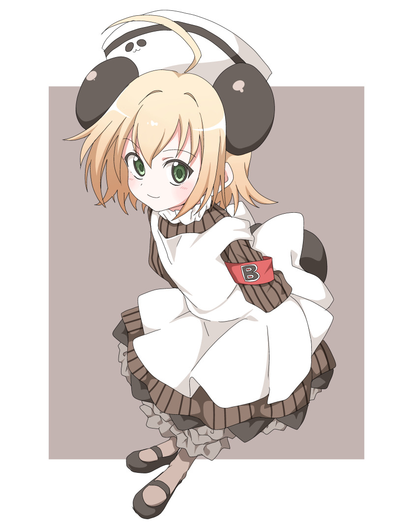 1girl absurdres animal_ears antenna_hair black_shoes blonde_hair bloomers commentary_request di_gi_charat dress frills fujiwara_tatsuroo full_body green_eyes grey_dress hat highres long_sleeves panda_ears piyoko ribbon shoes short_hair simple_background solo striped_clothes striped_dress underwear