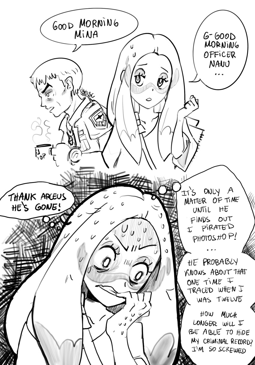 1boy 1girl 2koma bags_under_eyes biting biting_own_finger coffee_mug comic cup english_text greyscale half-closed_eyes highres long_hair mina_(pokemon) monochrome mug nail_biting nanu_(pokemon) nintendo open_mouth pokemon pokemon_sm sarahc sweat upper_body wavy_mouth wide-eyed