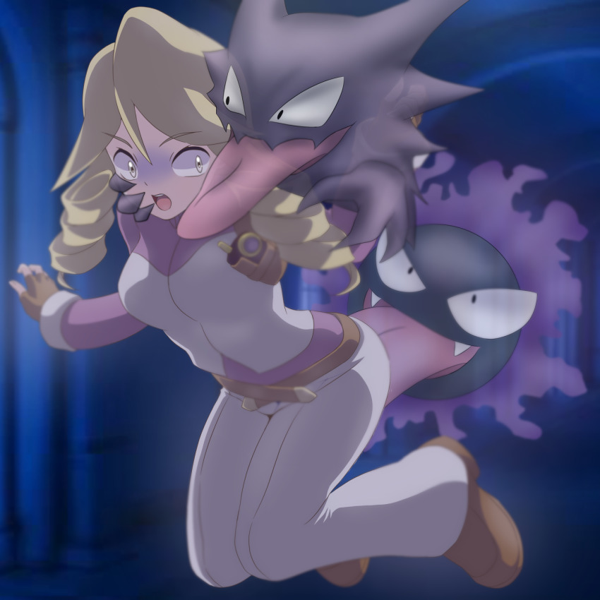 1girl :o alucard2014g aria_(pokemon_ranger) belt blonde_hair blurry blurry_background brown_belt brown_footwear brown_gloves commentary_request dress fangs fingerless_gloves gastly gen_1_pokemon gloves grey_eyes hand_on_another&#039;s_face highres indoors licking_ass long_hair nintendo open_mouth pokemon pokemon_(creature) pokemon_ranger shoes teeth tongue tongue_out twintails upper_teeth_only white_dress