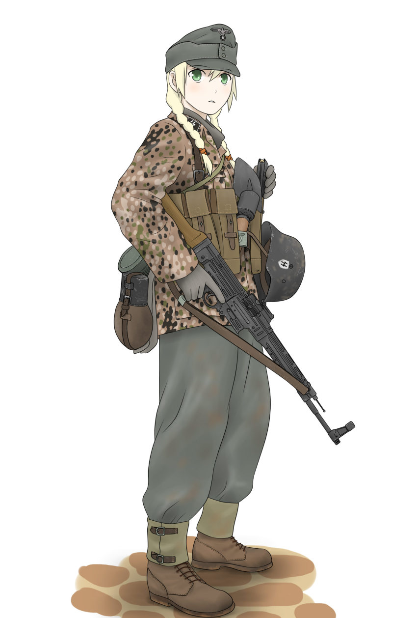 1girl assault_rifle blonde_hair braid camouflage canteen combat_helmet explosive female_focus flecktarn gaiters gloves green_eyes grenade gun gun_sling hand_grenade helmet highres looking_at_viewer magazine_(weapon) mardjan military military_uniform original pouch rifle schutzstaffel shovel simple_background soldier solo stahlhelm stg44 stick_grenade stielhandgranate trigger_discipline twin_braids waffen-ss weapon white_background worktool world_war_ii