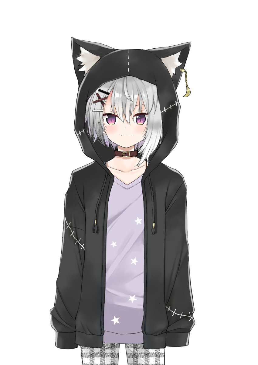1boy absurdres animal_ear_fluff animal_ears black_jacket brown_collar closed_mouth collar collarbone copyright_request cowboy_shot crescent drawstring eyebrows_hidden_by_hair fake_animal_ears grey_hair hair_between_eyes hair_ornament hairclip highres hood hood_up hooded_jacket jacket long_sleeves male_focus mito_(go!go!king!) multicolored_hair pants plaid_clothes plaid_pants print_shirt puffy_long_sleeves puffy_sleeves purple_eyes purple_hair purple_shirt shirt simple_background sleeves_past_fingers sleeves_past_wrists smile solo star_(symbol) star_print two-tone_hair virtual_youtuber white_background x_hair_ornament