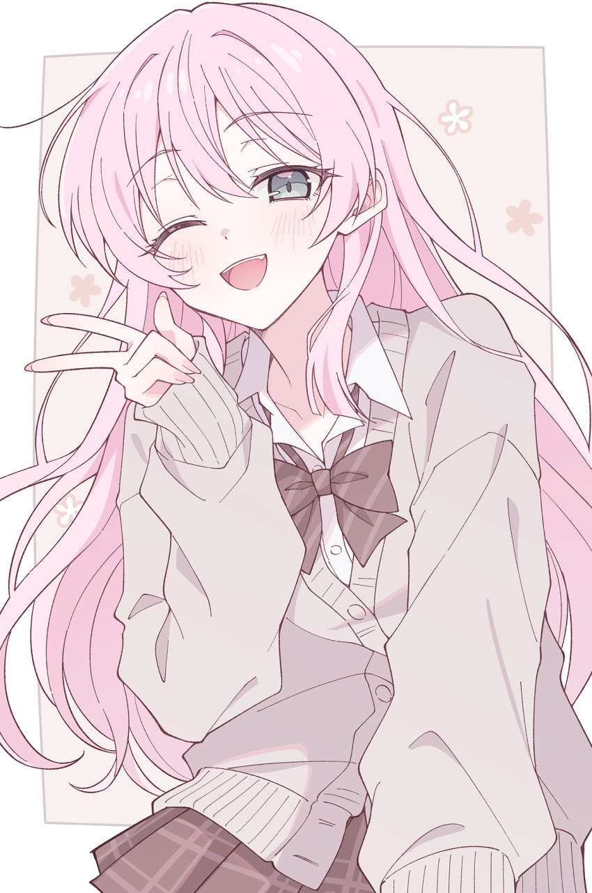 1girl bang_dream! bang_dream!_it&#039;s_mygo!!!!! blush border bow bowtie brown_bow brown_bowtie brown_skirt cardigan chihaya_anon commentary e20 fang grey_cardigan grey_eyes hand_up highres long_hair long_sleeves looking_at_viewer one_eye_closed open_mouth outside_border pink_hair plaid_clothes plaid_skirt skirt sleeves_past_wrists solo teeth upper_teeth_only w white_border
