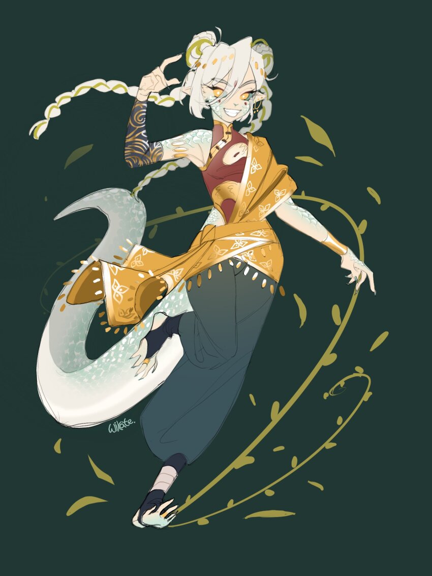 1girl ankle_socks aqua_nails baggy_pants bandaged_ankle bare_shoulders black_sleeves black_socks blue_sclera bracer braid breasts bright_pupils character_request chinese_clothes circlet claws cleavage cleavage_cutout clothing_cutout colored_sclera commentary commission detached_sleeves double_bun english_commentary eyelashes floating_hair floral_print genshin_impact gold_circlet grey_background grey_pants grin hair_between_eyes hair_bun highres leaf leg_up leotard leotard_under_clothes lizard_tail long_hair long_sleeves looking_at_viewer marking_on_cheek multicolored_hair nail_polish pants plant red_leotard sharp_toenails shirt side_slit signature simple_background single_detached_sleeve sketch sleeveless_turtleneck_leotard slit_pupils smile socks solo stirrup_legwear streaked_hair tail toeless_legwear toenail_polish toenails twin_braids two-tone_hair vines white_hair white_pupils white_scales white_tail wikate yellow_eyes yellow_shirt