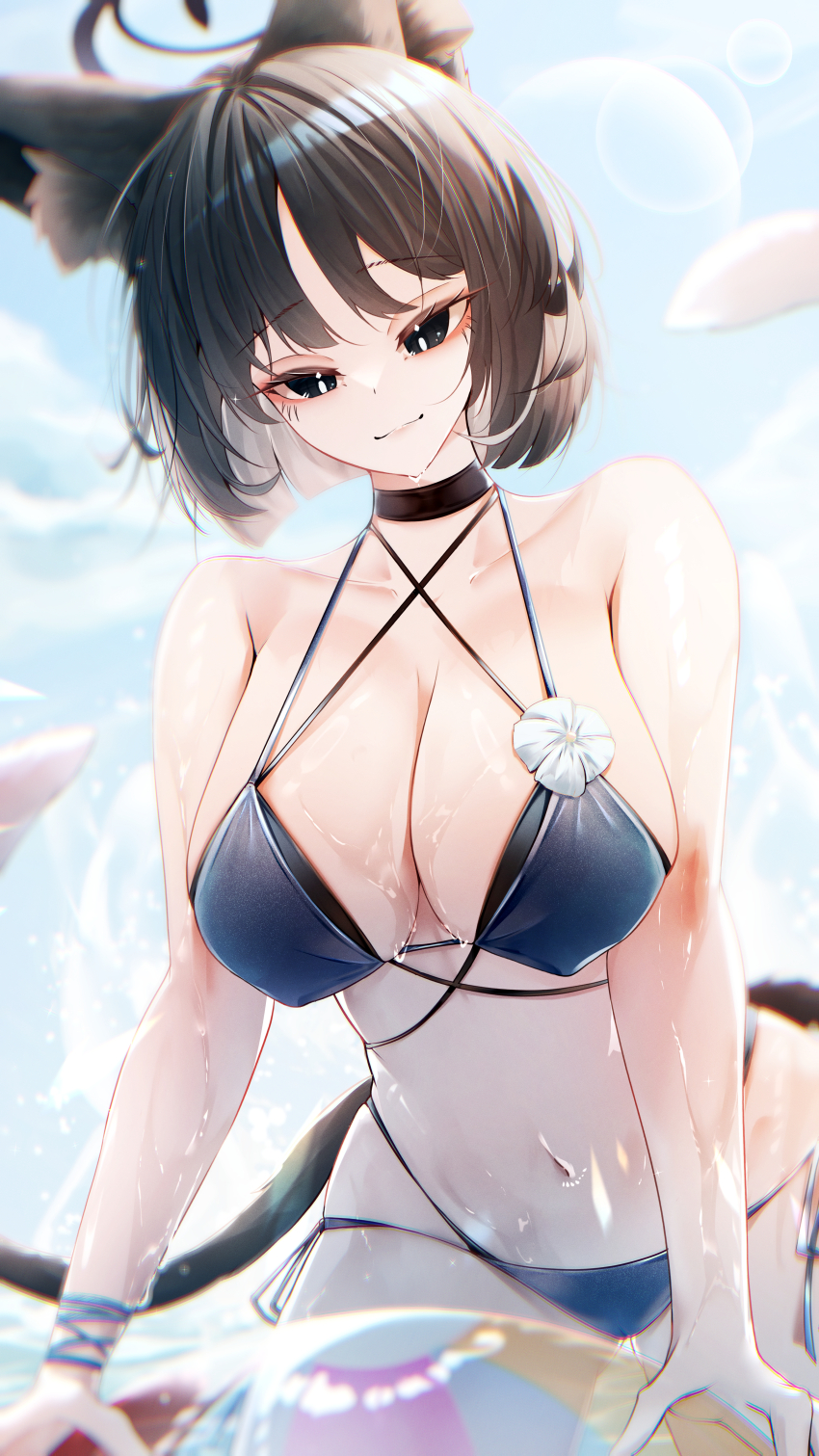 1girl absurdres animal_ear_fluff animal_ears bare_arms bare_shoulders bikini black_eyes black_hair blue_archive blue_bikini blunt_ends cat_ears cat_girl cat_tail cleavage_cutout closed_mouth clothing_cutout covered_erect_nipples flower highres kikyou_(blue_archive) kikyou_(swimsuit)_(blue_archive) looking_at_viewer multiple_tails navel official_alternate_costume omaigoodgoodeat short_hair smile solo stomach swimsuit tail two_tails wet white_flower