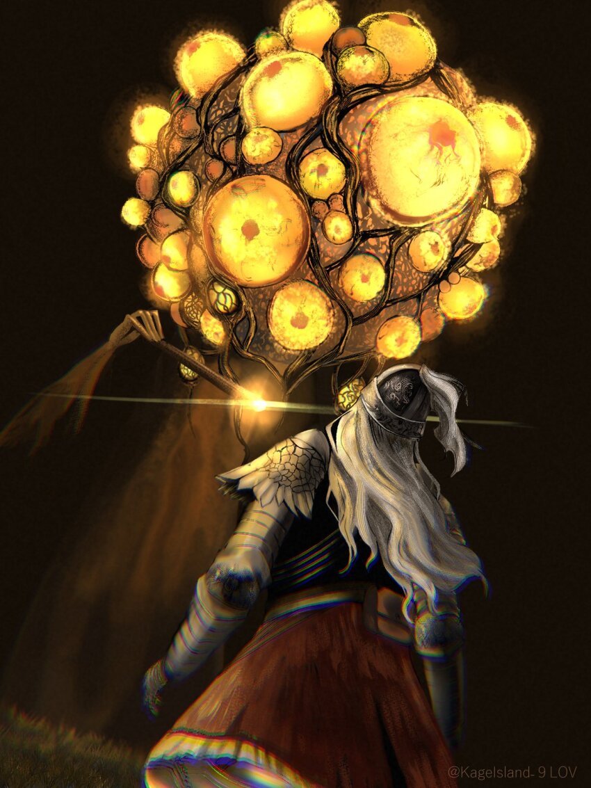 2others aging_untouchable armor black_background bloody_wolf_(elden_ring) commentary_request elden_ring elden_ring:_shadow_of_the_erdtree eldritch_abomination gauntlets glowing helmet highres horror_(theme) kageisland_9lov kneeling multiple_others on_grass tarnished_(elden_ring) too_many_eyes white_hair