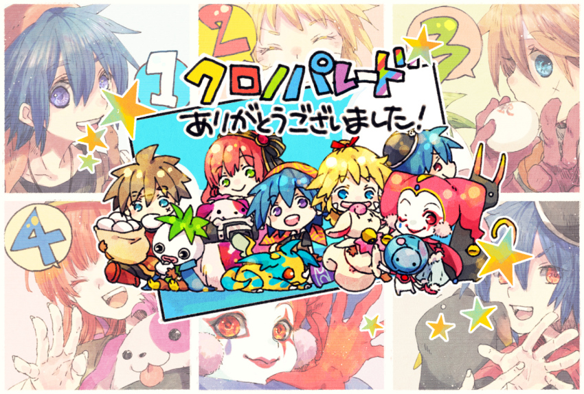 3boys 3girls :d x_mouth bag bandana black_headband black_headwear black_shirt blonde_hair blue_background blue_eyes blue_hair blush border brown_background brown_gloves brown_hair chibi chrono_cross closed_eyes closed_mouth clown commentary_request creature dark_serge_(chrono_cross) draggy_(chrono_cross) facepaint facial_scar glenn_(chrono_cross) gloves green_background green_eyes grin hair_between_eyes harle_(chrono_cross) hat headband jester jester_cap kid_(chrono_cross) leena_(chrono_cross) long_hair looking_at_viewer multiple_boys multiple_girls one_eye_closed open_mouth orange_bandana orange_eyes orange_hair pink_background pip_(chrono_cross) pom_pom_(clothes) portrait poshul_(chrono_cross) purple_eyes red_gloves scar scar_on_cheek scar_on_face serge_(chrono_cross) shirt short_hair simple_background smile starky_(chrono_cross) teardrop_facial_mark teeth tokio_(okt0w0) turnip_(chrono_cross) upper_teeth_only v white_border