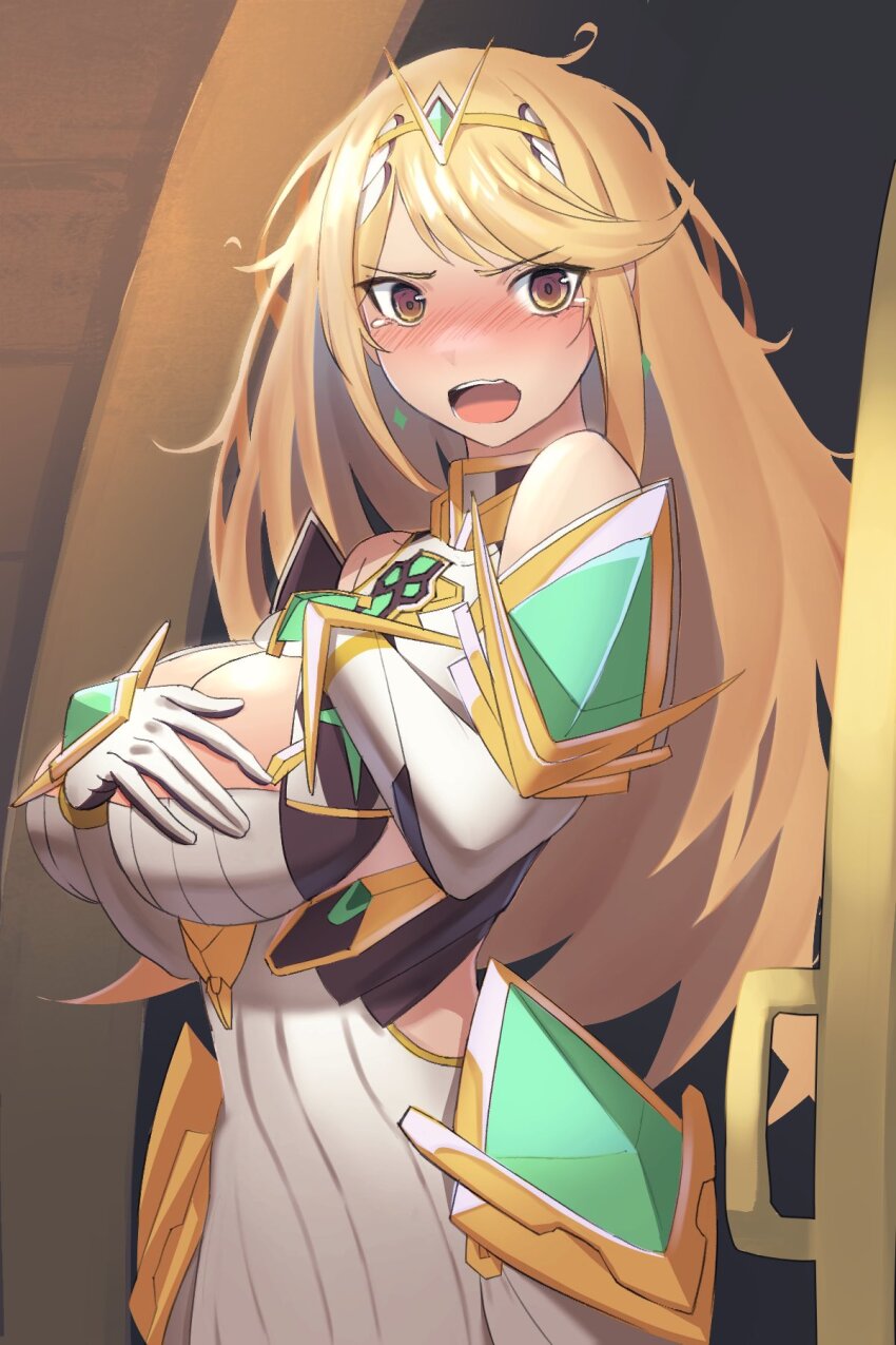 1girl blonde_hair breasts cleavage highres large_breasts long_hair medaman messy_hair mythra_(xenoblade) solo very_long_hair xenoblade_chronicles_(series) xenoblade_chronicles_2 yellow_eyes
