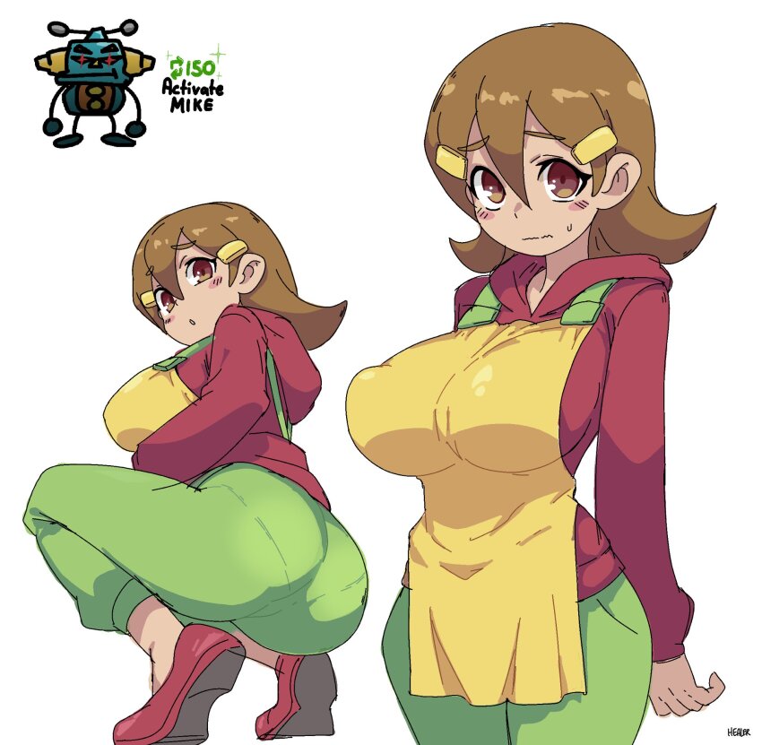 5-volt alternate_body_size alternate_breast_size apron arms_behind_back artist_name ass blush blush_stickers breasts brown_eyes cowboy_shot dot_nose embarrassed english_text from_behind from_below fruithead green_pants hair_between_eyes hair_ornament hairclip highres hood hood_down hoodie large_breasts long_sleeves looking_at_viewer looking_back mature_female medium_hair mike_(warioware) multiple_views nintendo pants parted_lips red_hoodie red_shoes shoes simple_background smile squatting standing straight_hair warioware white_background yellow_apron