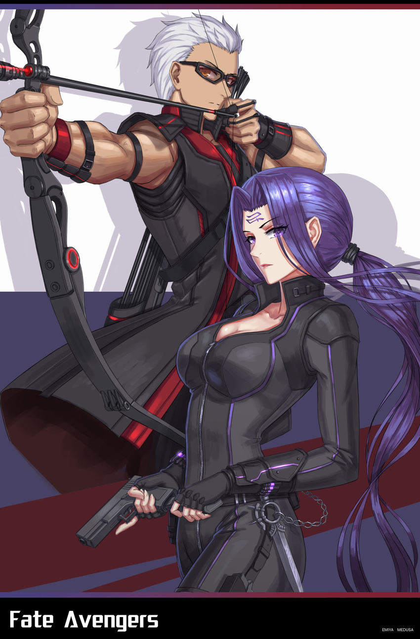 1boy 1girl absurdres archer_(fate) arrow_(projectile) avengers_(series) black_widow black_widow_(cosplay) bodysuit bow_(weapon) cosplay emiya_shirou eyes_visible_through_hair facial_mark fate/stay_night fate_(series) fingerless_gloves forehead_mark gloves gun handgun hawkeye_(marvel) hawkeye_(marvel)_(cosplay) highres laser laser_pointer_projection laser_sight long_hair looking_at_viewer marvel medusa_(fate) medusa_(rider)_(fate) nairobi_song ponytail purple_eyes purple_hair reloading short_hair skin_tight square_pupils sunglasses trigger_discipline very_long_hair weapon white_hair