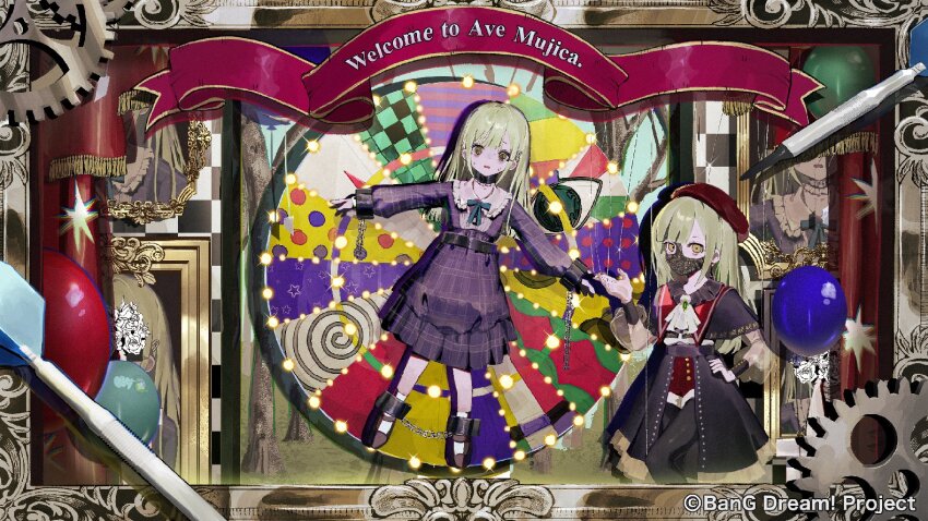 2girls @_@ ascot balloon bang_dream! bang_dream!_it&#039;s_mygo!!!!! beret black_mask black_pantyhose black_skirt blue_dress commentary_request dart dress dual_persona gears green_hair guest_art hat kurehalxxx long_hair long_sleeves mask mortis_(bang_dream!) mortis_(costume)_(bang_dream!) mouth_mask multiple_girls nervous_sweating official_art painting_(medium) pantyhose pantyhose_under_shorts plaid_clothes plaid_dress red_hat red_shorts restrained shorts skirt socks sweat traditional_media wakaba_mutsumi wheel white_ascot white_socks yellow_brooch yellow_eyes