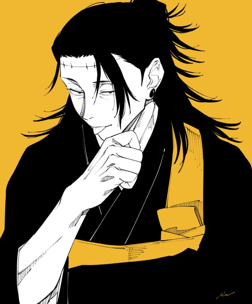 1boy black_hair black_robe earrings getou_suguru getou_suguru_(kenjaku) highres jewelry jujutsu_kaisen limited_palette long_hair looking_at_viewer male_focus mim_(mimya0600) ponytail robe sanpaku sideburns signature simple_background solo stitched_face stitched_forehead stitches stud_earrings tongue tongue_out upper_body yellow_background
